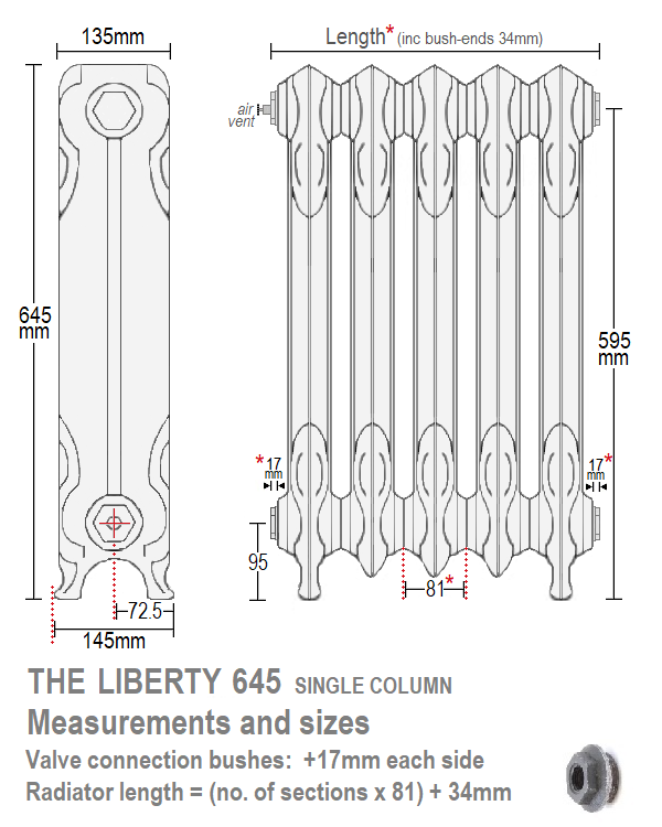 Liberty 645 14-Section Cast Iron Radiator - 645 x 1168mm